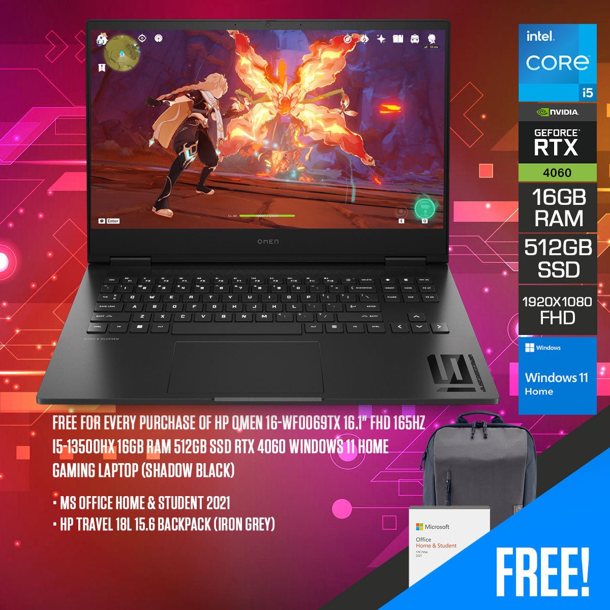 HP Omen 16 - WF0069TX Gaming Laptop (Shadow Black) | 16.1" FHD | 165HZ | i5 - 13500HX | 16GB RAM | 512GB SSD | RTX 4060 | Windows 11 Home | MS Office Home & Student 2021 | HP Travel 18L 15.6 Backpack (Iron Grey) - Nectostry