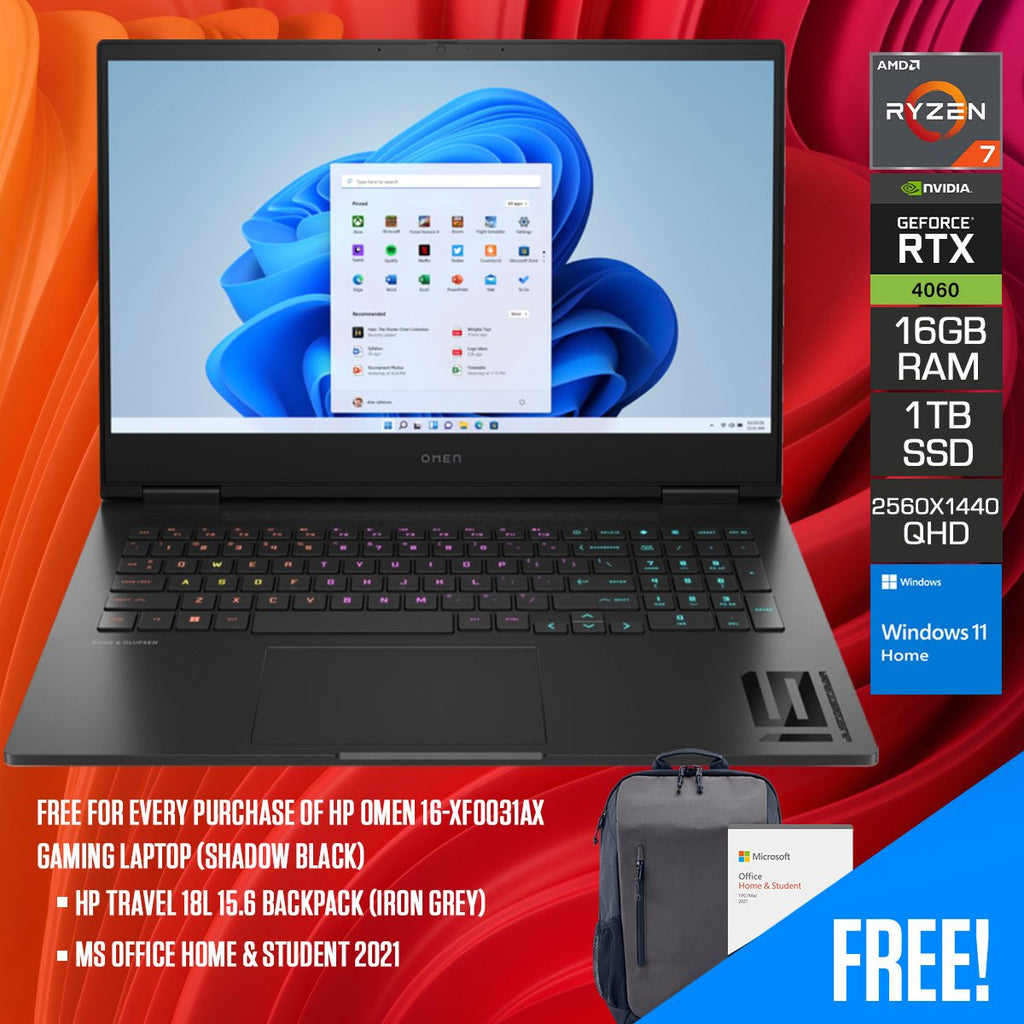 HP Omen 16 - XF0031AX Gaming Laptop (Shadow Black) | 16.1" QHD | 240HZ | R7 - 7840HS | 16GB RAM | 1TB SSD | RTX 4060 | Windows 11 Home | MS Office Home & Student 2021 | HP Travel 18L 15.6 Backpack (Iron Grey) - Nectostry