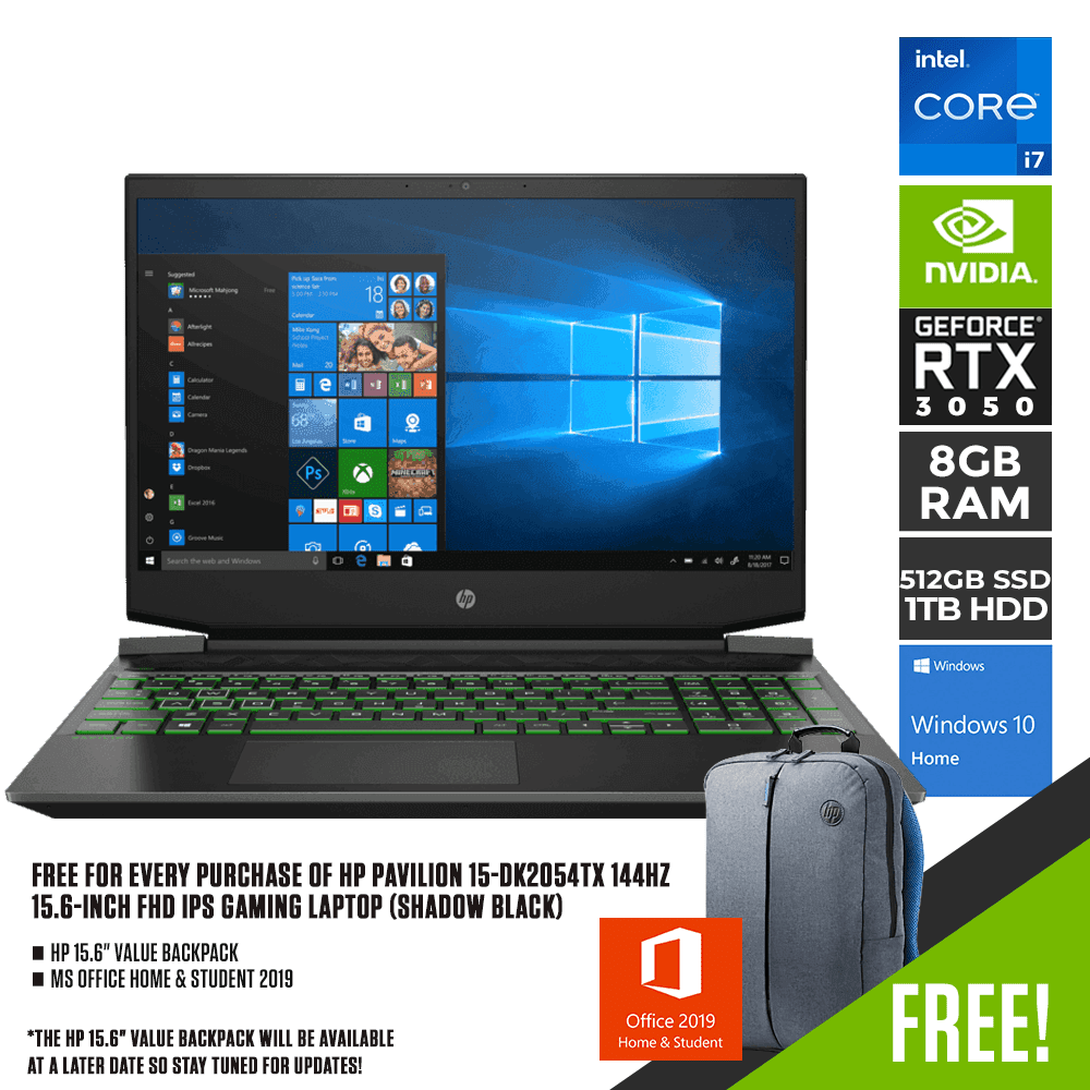 HP PAVILION 15 - DK2054TX GAMING LAPTOP (SHADOW BLACK) | 15.6" FHD | i7 - 11370H | 8GB DDR4 | 512GB SSD + 1TB HDD | RTX 3050 | WIN 10 + MS OFFICE HOME & STUDENT HP PRELUDE TOPLOAD BAG - Nectostry