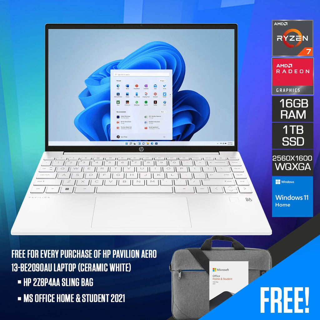 HP Pavilion Aero 13 - BE2090AU Laptop (Ceramic White) | 13.3" WQXGA (2560X1600) | RYZEN 7 7735U | 16GB RAM | 1TB SSD | AMD Radeon Graphics | Windows 11 Home | MS Office Home & Student 2021 | HP 2Z8P4AA Sling Bag - Nectostry