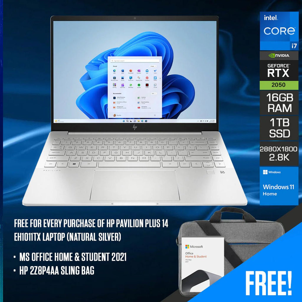 HP Pavilion Plus 14 - EH1011TX Laptop (Natural Silver) | 14” OLED (2880x1800) | i7 - 1335U | 16GB RAM | 512GB SSD | RTX 2050 | Windows 11 Home | MS Office Home & Student 2021 | HP 2Z8P4AA Sling Bag - Nectostry