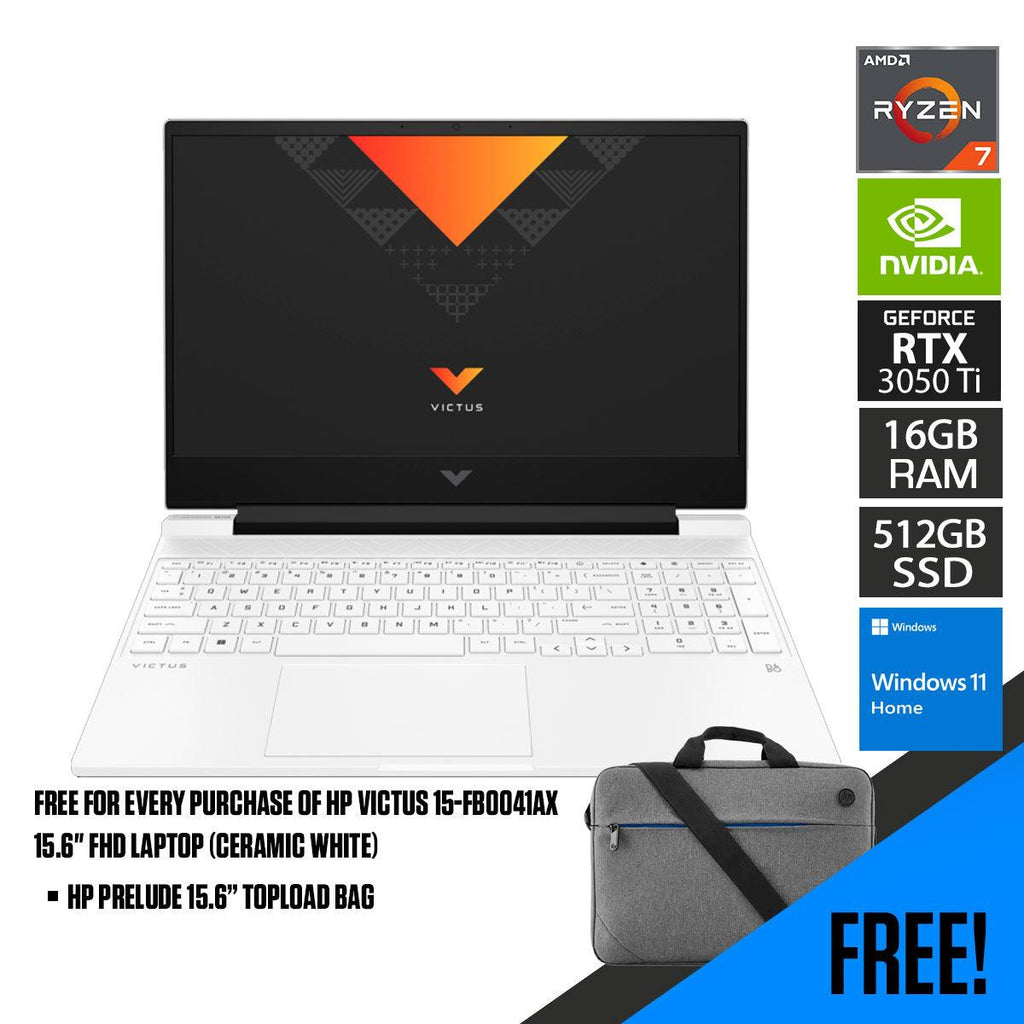 HP Victus 15 - FB0041AX Laptop (Ceramic White) | 15.6” FHD | Ryzen™ 7 5800H | 16GB RAM DDR4 | 512 GB SSD | RTX™ 3050 Ti | Windows 11 | HP Prelude 15.6” Topload Bag - Nectostry