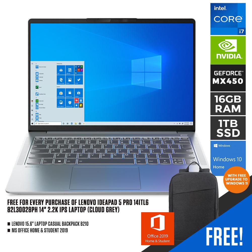 LENOVO IDEAPAD 5 PRO 14ITL6 82L30028PH LAPTOP (CLOUD GREY) | 14" 2.2K | i7 - 1165G7 | 16GB DDR4 | 1TB SSD | MX450 | WIN10 + MS OFFICE HOME & STUDENT LENOVO CASUAL BACKPACK B210 - Nectostry