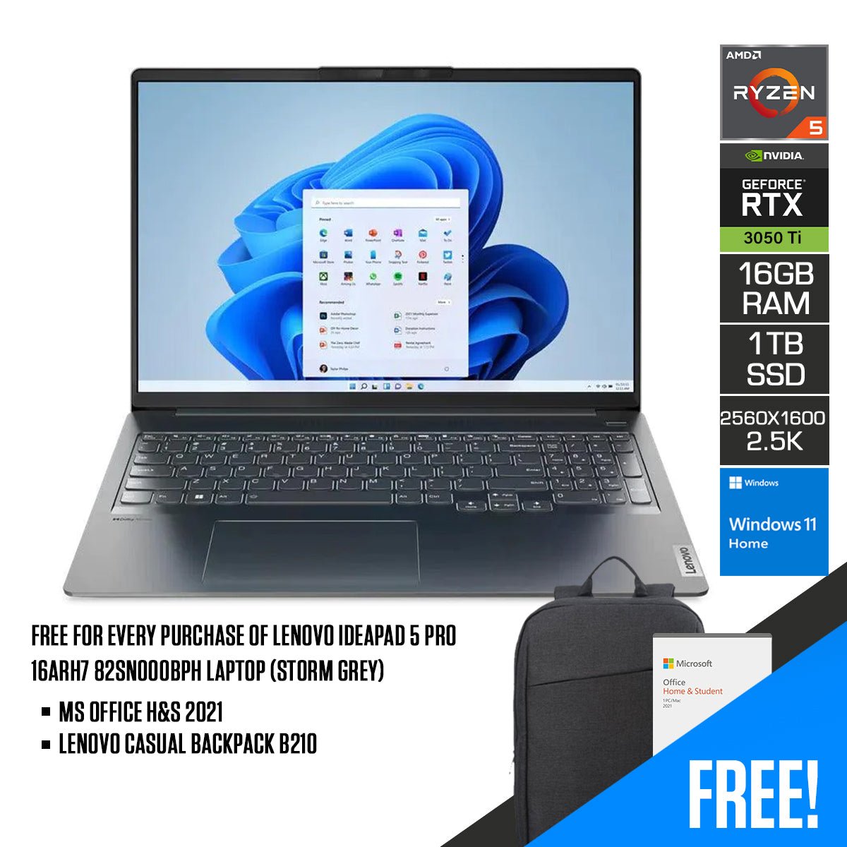 Lenovo Ideapad 5 Pro 16ARH7 82SN000BPH Laptop (Storm Grey) | 16" 2.6k | Ryzen 5 6600HS | 16GB RAM DDR5 |1 TB SSD | RTX 3050 Ti | Windows 11 Home | MS Office Home & Student 2021 + Lenovo Casual Backpack B210 - Nectostry
