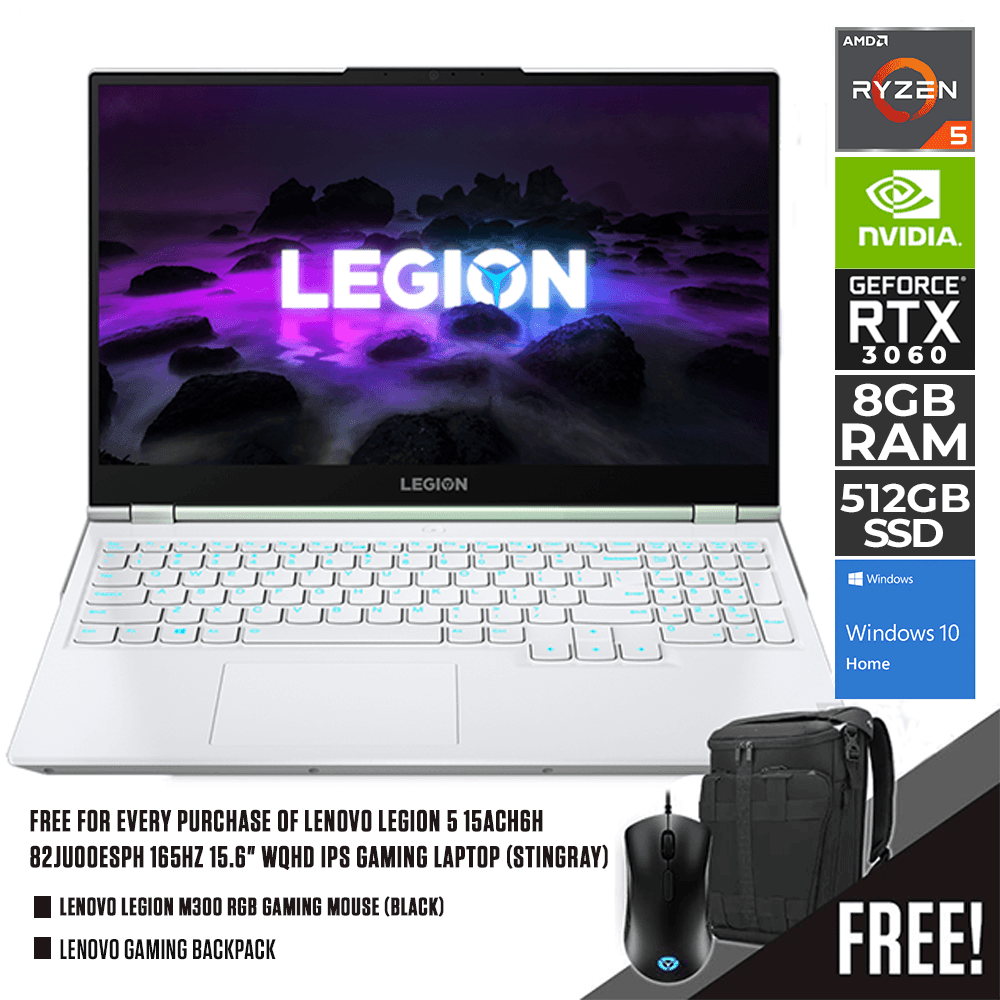 LENOVO LEGION 5 15ACH6H 82JU00ESPH GAMING LAPTOP (STINGRAY) | 15.6" WQHD | RYZEN 5 5600H | 8GB DDR4 | 512GB SSD | WIN10 + LENOVO LEGION M300 RGB GAMING MOUSE + LENOVO GAMING BACKPACK - Nectostry