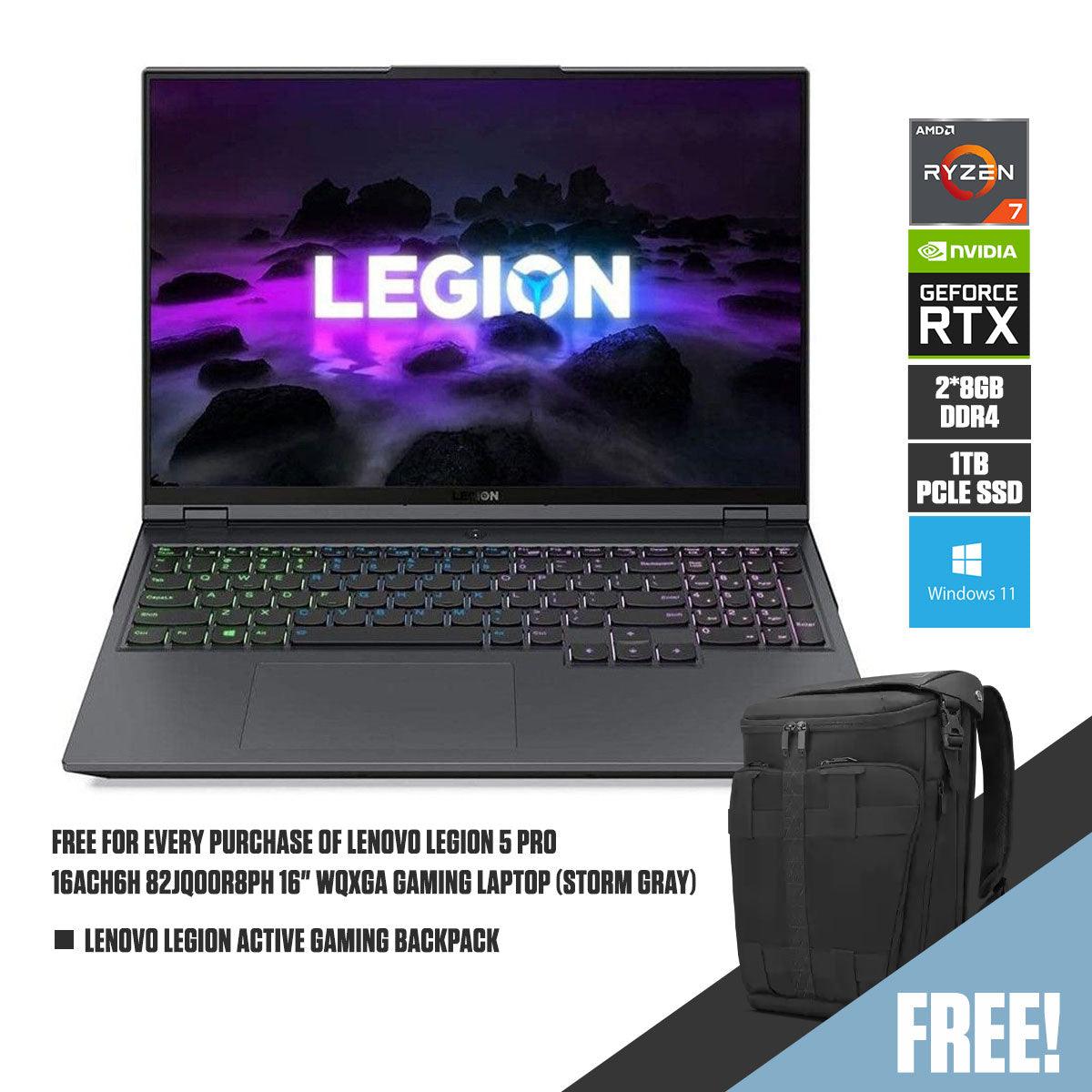 Lenovo Legion 5 Pro 16ACH6H 82JQ00R8PH Gaming Laptop (Storm Grey) | 16” WQXGA | Ryzen 7 5800H | 2x 8GB RAM DDR4 | 1TB SSD | RTX 3060 | Windows 11 Home | Lenovo Legion Active Gaming Backpack (GX41C86982) - Nectostry