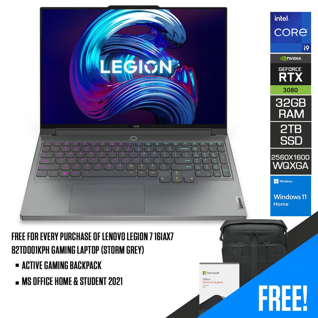 Lenovo Legion 7 16IAX7 82TD001KPH Gaming Laptop (Storm Grey) | 16” WQXGA IPS | i9 - 12900HX | 32 GB RAM DDR5 | 2TB SSD | RTX 3080 Ti | Windows 11 Home | MS Office Home & Student 2021 | Active Gaming Backpack - Nectostry