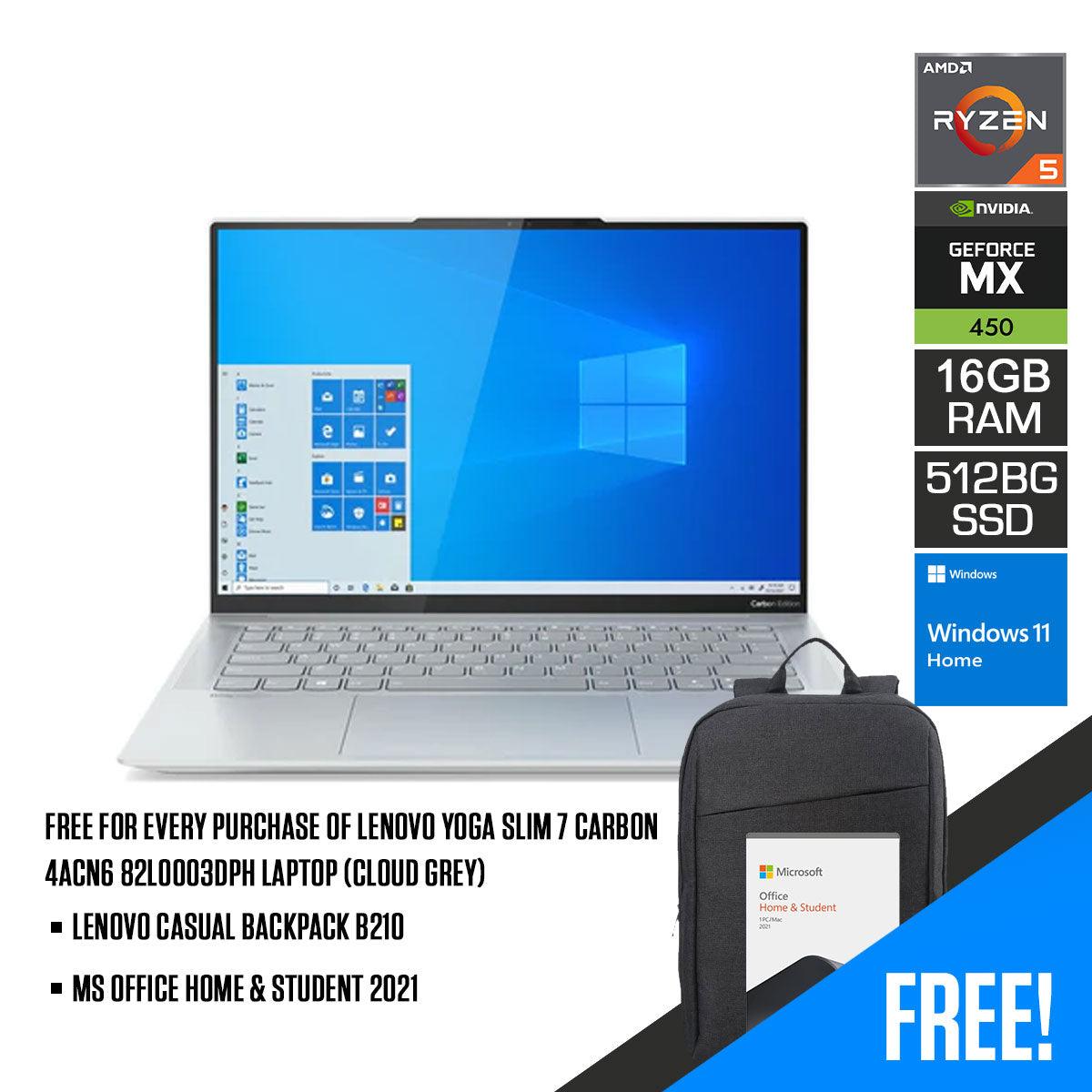Lenovo Yoga Slim 7 Carbon 14ACN6 82L0003DPH Laptop (Cloud Grey) | 14” 2.8K Oled | Ryzen 5 5600U | 16 GB DDR4 | 512 GB SSD | MX450 | Windows 11 Home | MS Office Home & Student 2021 + Lenovo Casual Backpack B210 - Nectostry