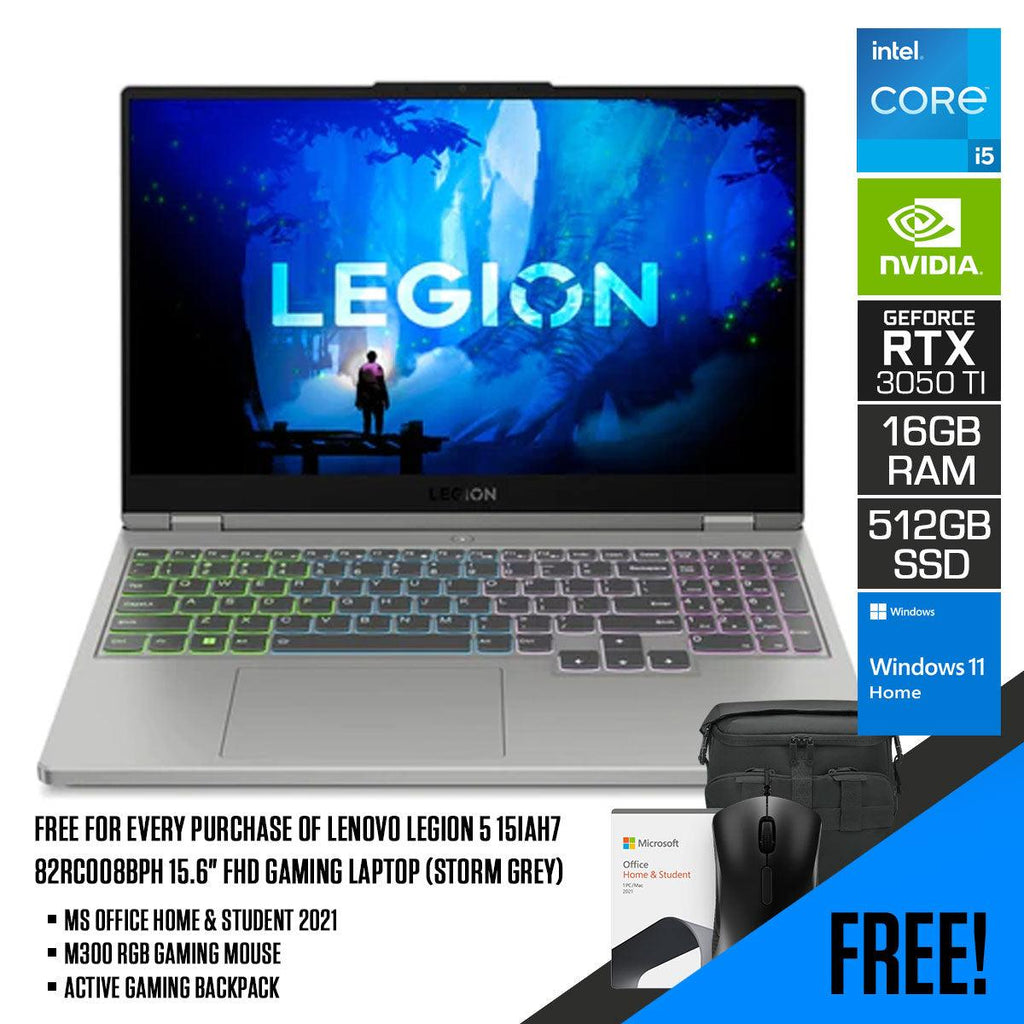 Lenovo Legion 5 15IAH7 82RC008BPH Gaming Laptop (Storm Grey) | 15.6" FHD | i5-12500H | 16GB RAM | 512GB SSD | RTX 3050 Ti | MS Office Home & Student 2021 | M300 RGB Gaming Mouse  | Active Gaming Backpack